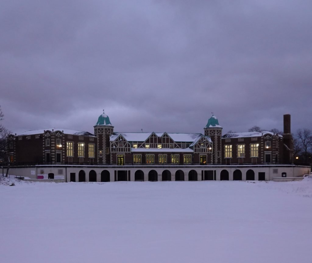 grey sky over fieldhouse