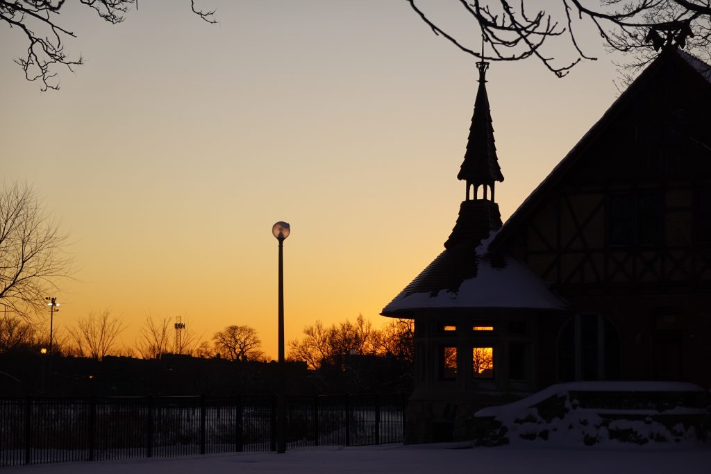 sunset on Humboldt Park stables turret