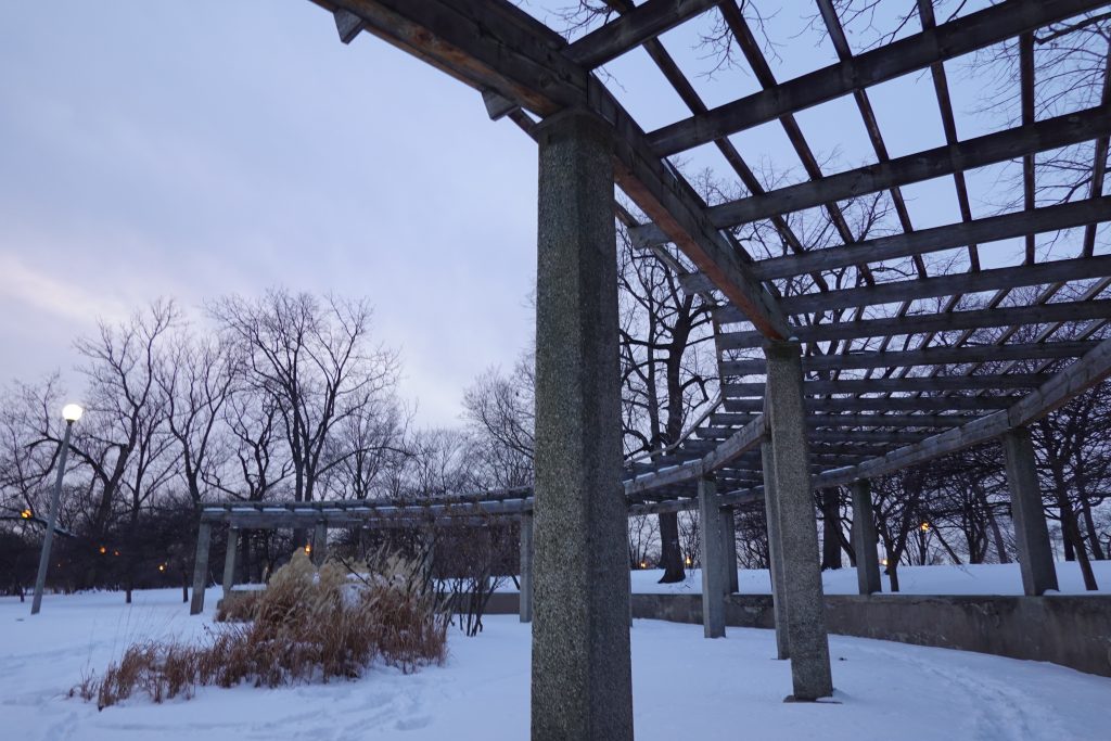 formal garden trellis in winter